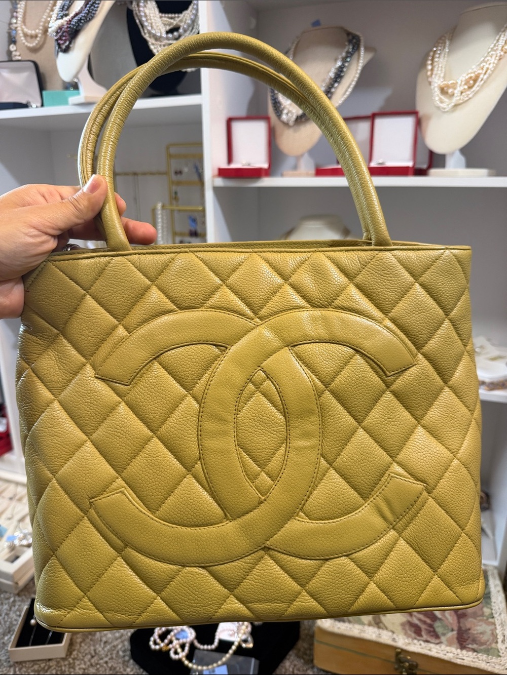 CHANEL Quilted Top-Handle Tote in Olive Yellow